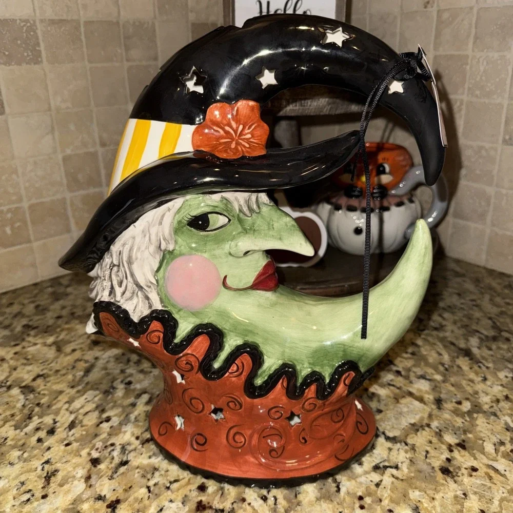 Blue Sky Halloween Crescent Moon Witch Ceramic Tea Light Holder New